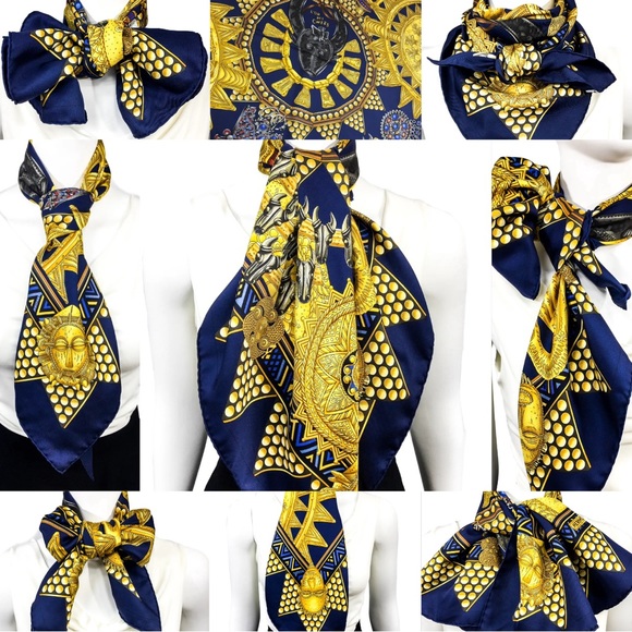 Hermès Scarf “L'or des Chefs” Navy & Gold 100% Silk Scarf ~ RARE! ~ Includes Box - Picture 15 of 16